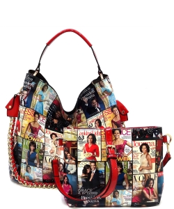 Magazine Cover Collage 2-in-1 Bucket Shoulder Bag Hobo Set OA2764BPP RED MULTI